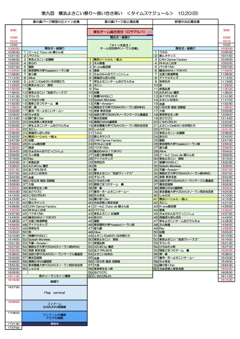 横浜よさこい祭り 2024年10月20日 タイムテーブル