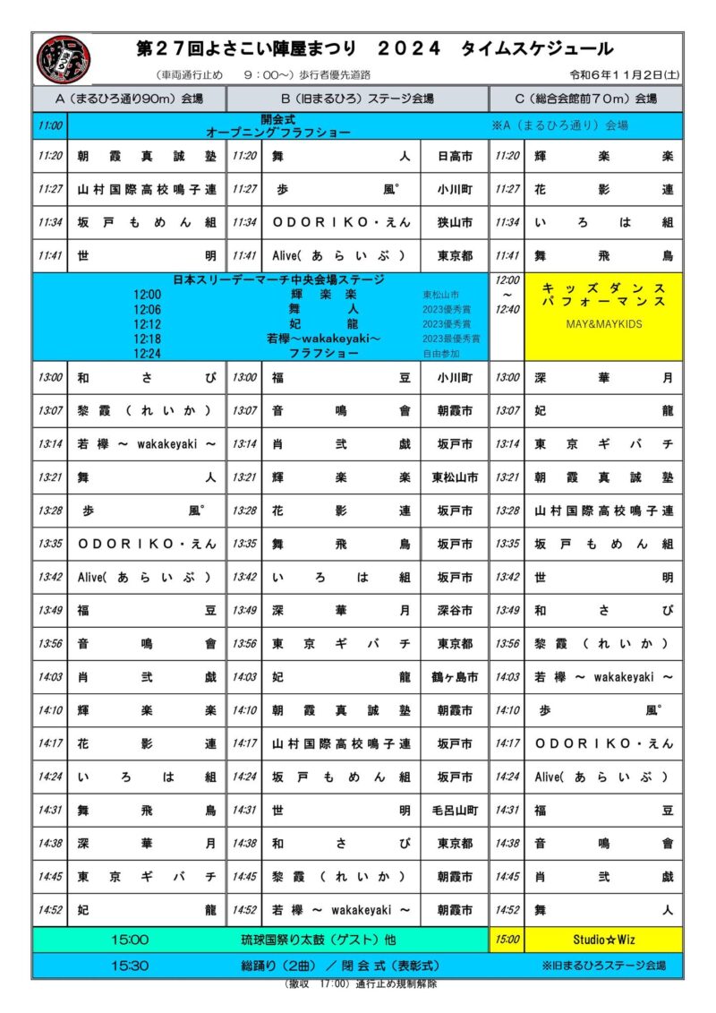 よさこい陣屋まつり 2024 タイムテーブル