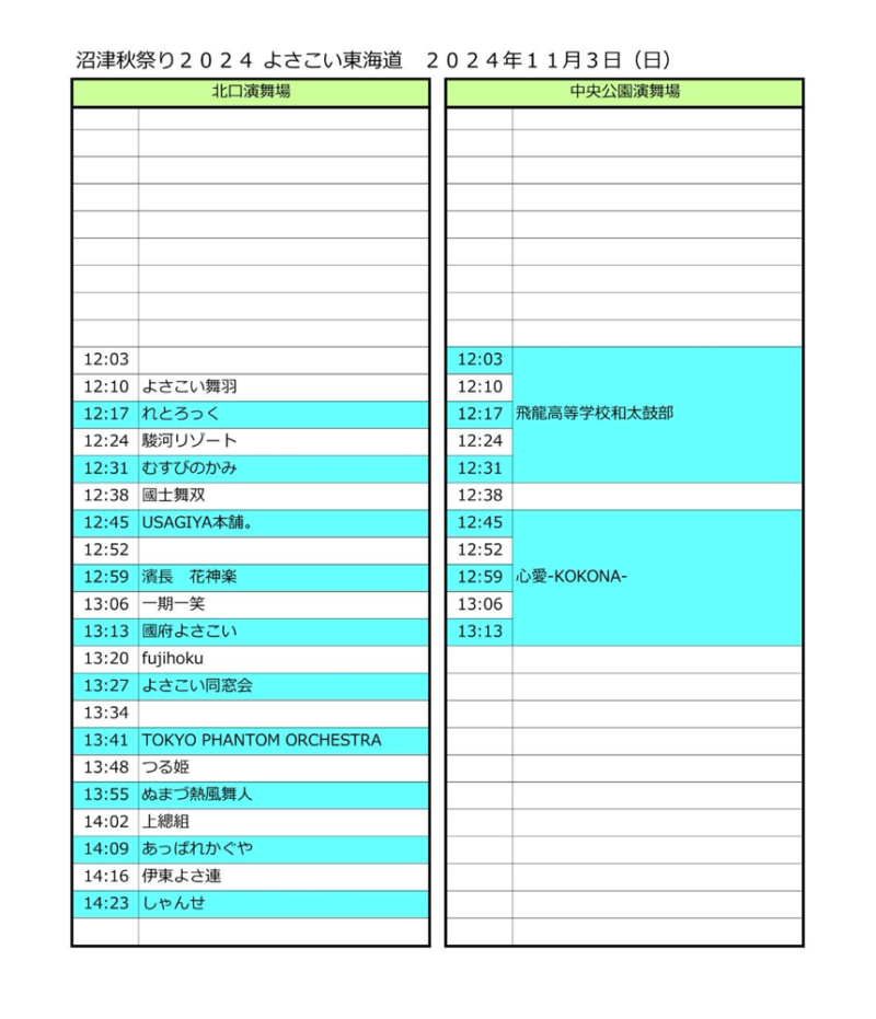 沼津秋祭り よさこい東海道 2024年11月3日 タイムテーブル