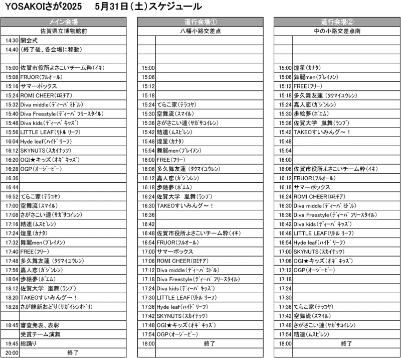 YOSAKOI さが 2025年5月31日(土) タイムテーブル