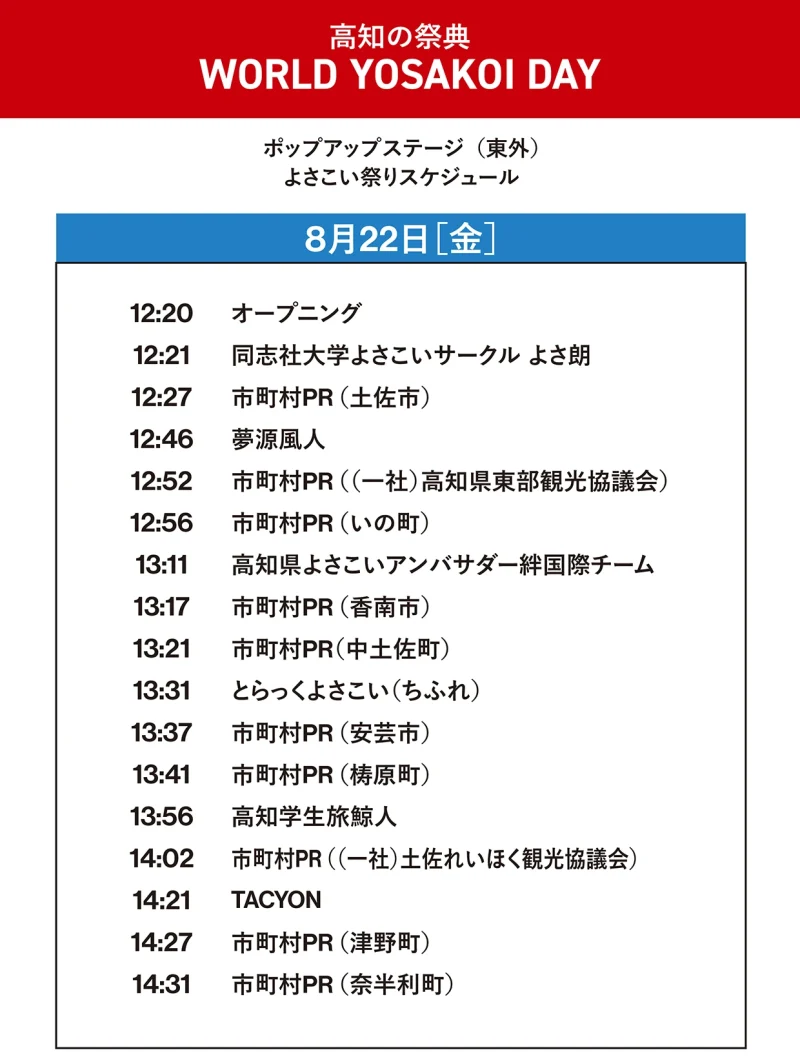 EXPO 2025 高知の祭典 WORLD YOSAKOI DAY 8月22日(金) ポップアップステージ東外 タイムテーブル