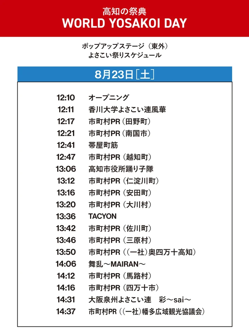 EXPO 2025 高知の祭典 WORLD YOSAKOI DAY 8月23日(土) ポップアップステージ東外 タイムテーブル
