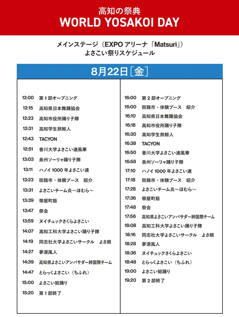 EXPO 2025 高知の祭典 WORLD YOSAKOI DAY 8月22日(金) EXPOアリーナ タイムテーブル