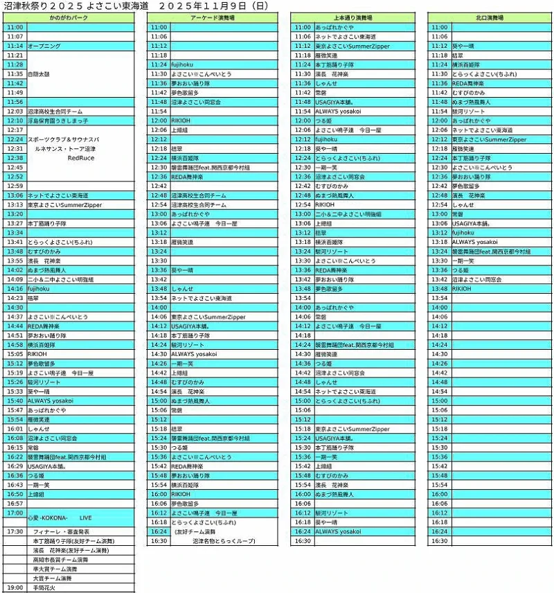 沼津秋祭り よさこい東海道 2025年11月9日(日) タイムテーブル