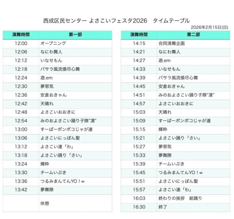 西成区民センター よさこいフェスタ 2026 タイムテーブル