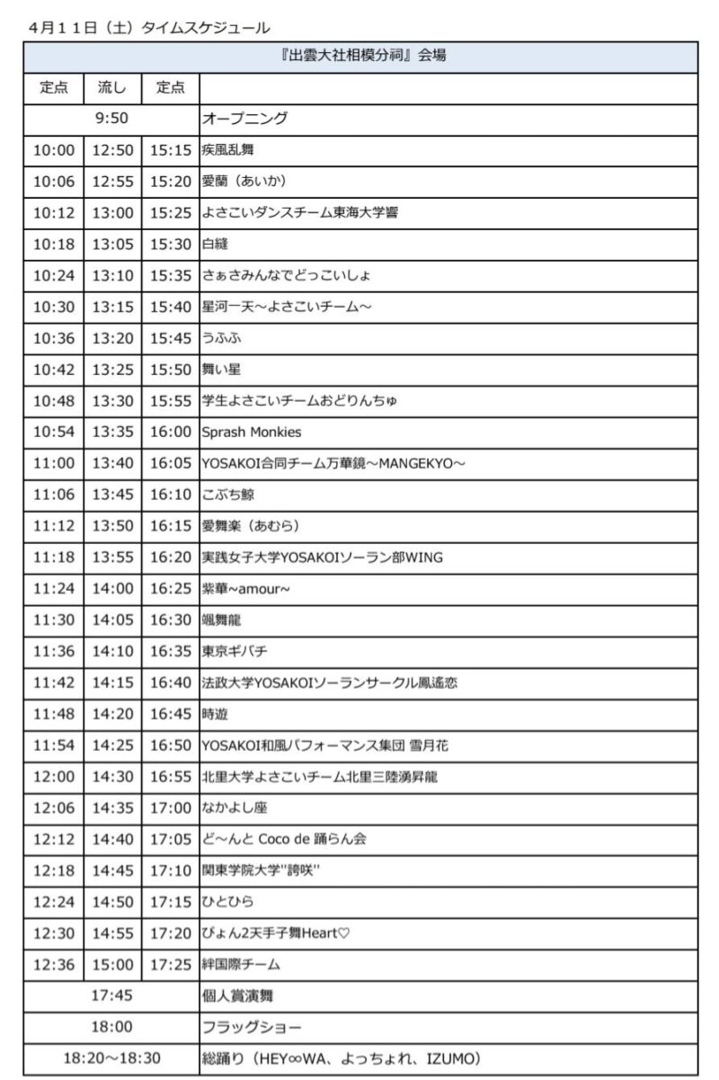 出雲大社相模分祠奉納 よさこいご縁まつり 2026年4月11日(土) タイムテーブル