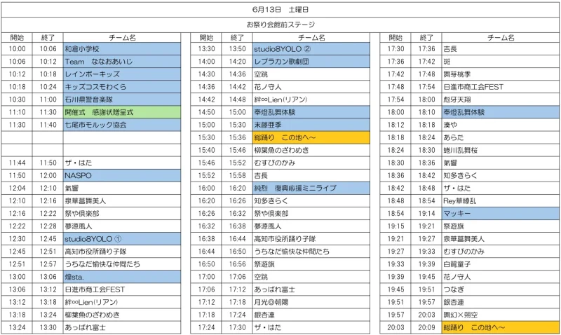 能登よさこい祭り 2026年6月13日(土) タイムテーブル