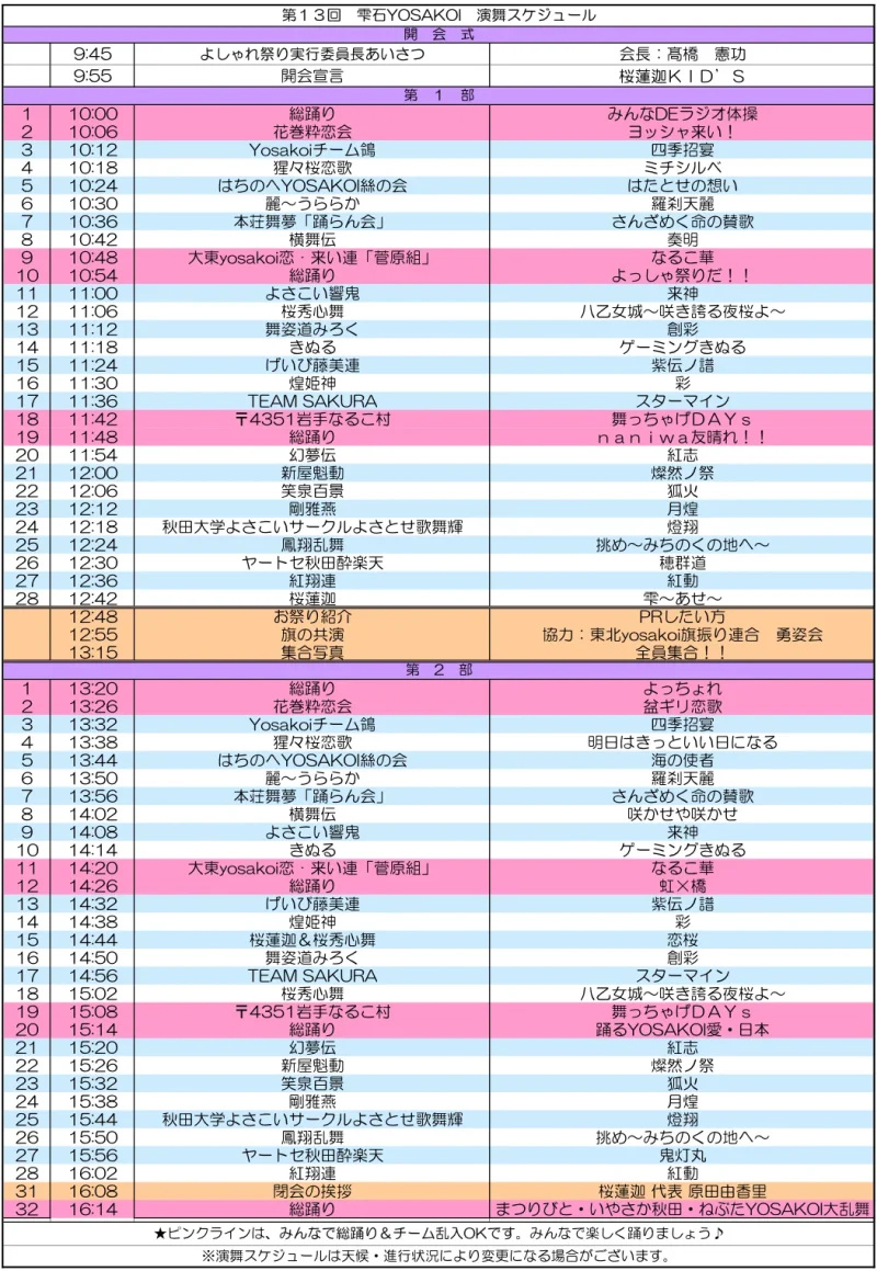 雫石YOSAKOI 2026 タイムテーブル