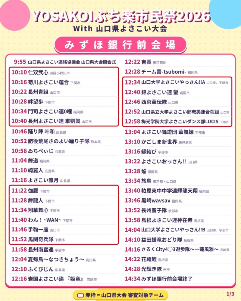 YOSAKOIぶち楽市民祭 2026 みずほ銀行前会場タイムテーブル