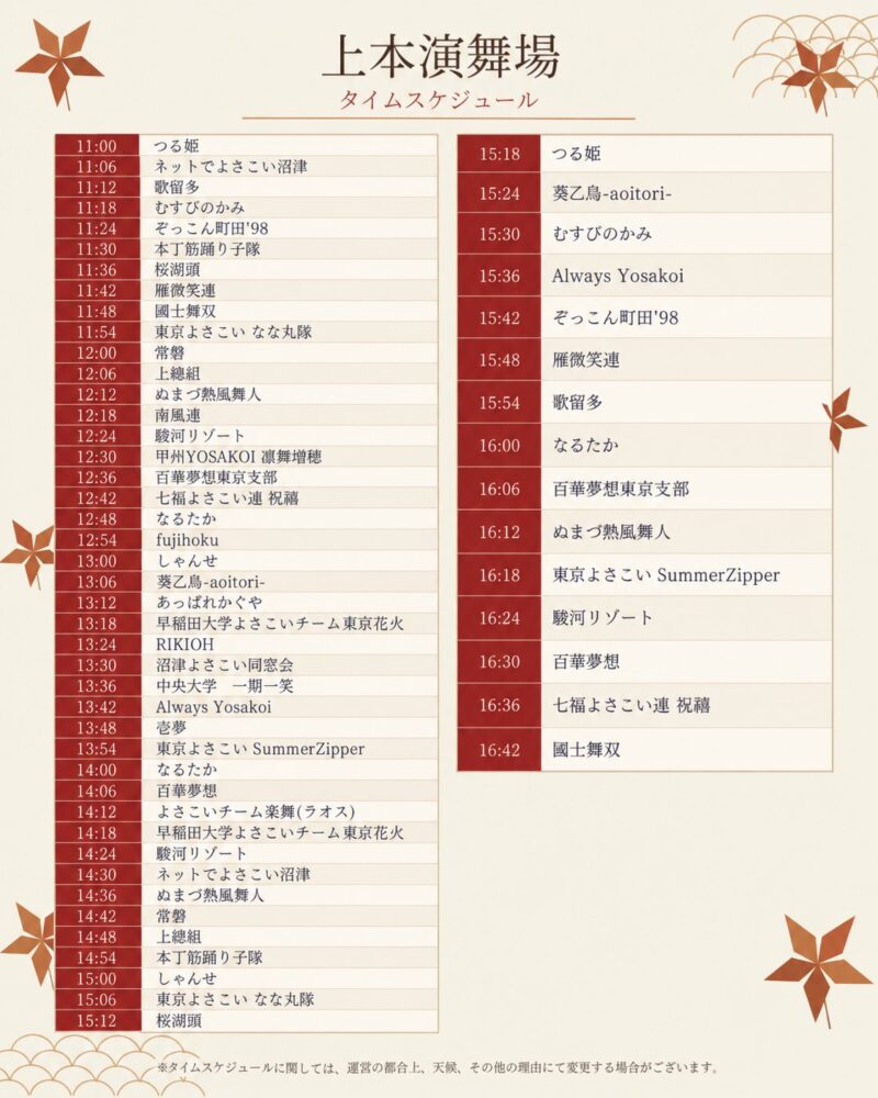 沼津秋まつり よさこい東海道 2026年11月22日(日) 上本通り演舞場タイムテーブル